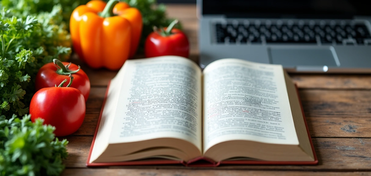Un libro aperto, ingredienti freschi e un laptop su un tavolo, simboleggianti conoscenza e benessere.