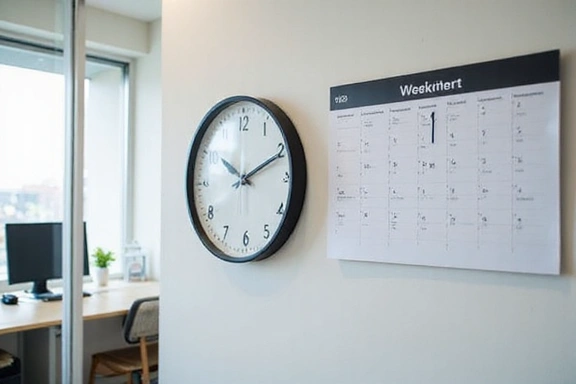 Un orologio da parete pulito che mostra le 9:00, con un calendario aperto che evidenzia i giorni feriali.