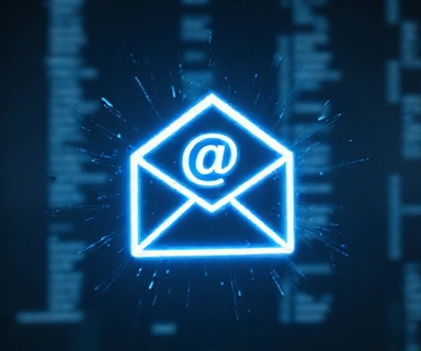 Un'icona di busta aperta che emette un simbolo di e-mail, su uno sfondo digitale sfocato.