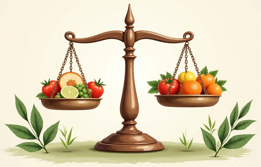 Illustrazione di una bilancia che equilibra cibo e benessere emotivo, con elementi naturali