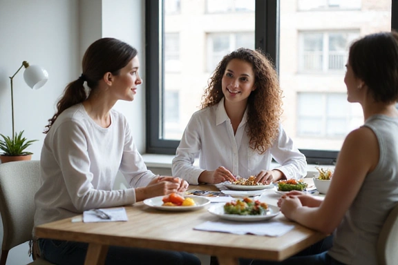 Donna che parla con una nutrizionista, in un ambiente accogliente e professionale.