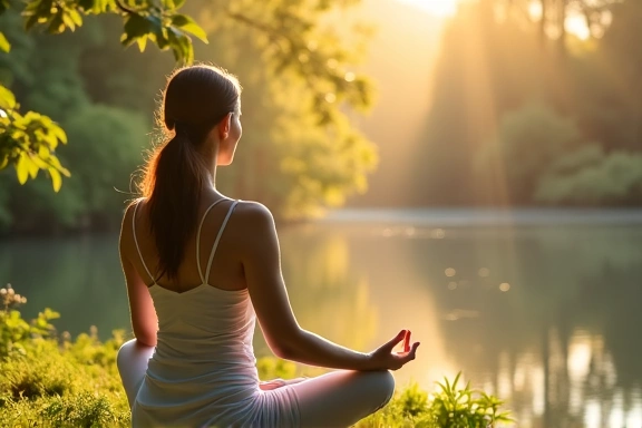 Donna serena che medita in un ambiente naturale, simbolo di equilibrio e benessere.