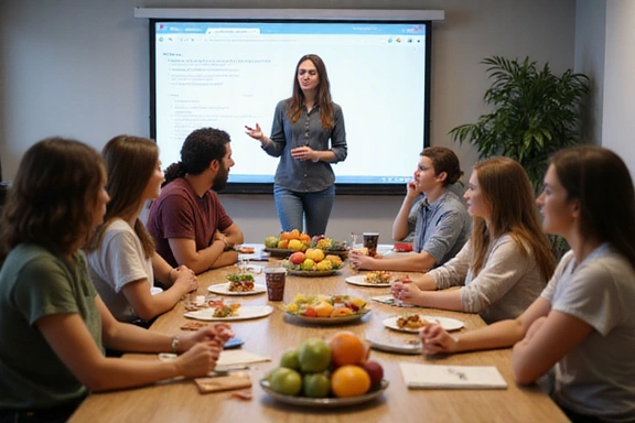 Gruppo di persone che partecipano a un workshop interattivo sulla nutrizione, con una nutrizionista che presenta.